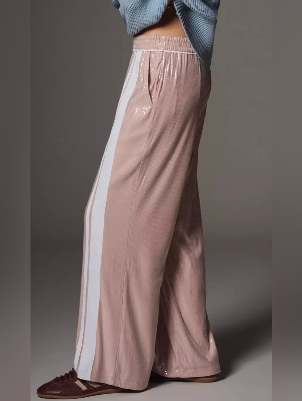 Anthropologie Maeve Sequin Pull On Track Pants Pink And White - Picture 3 of 5